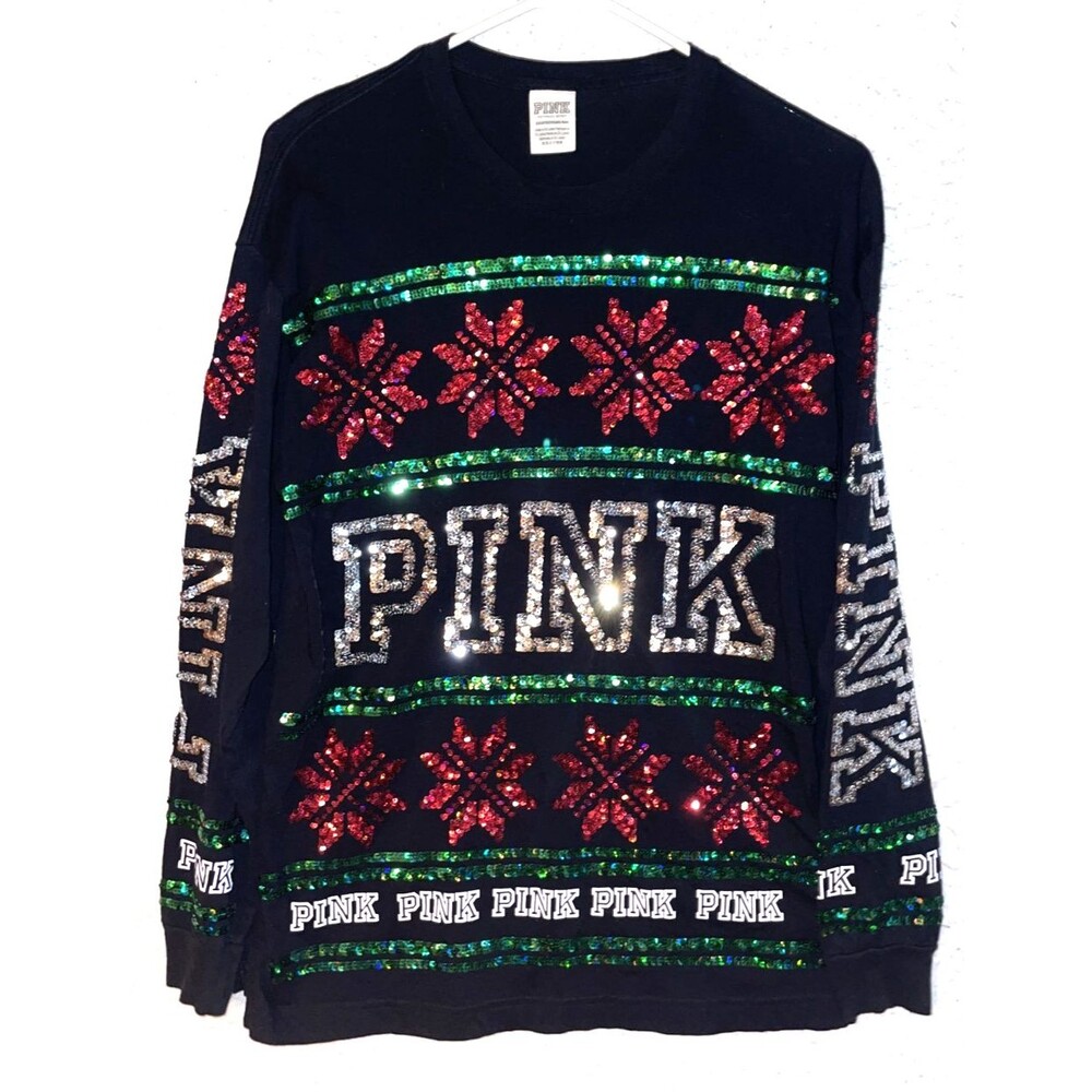 Victoria's Secret PINK  XS Black Sequin Bling Long Sleeve Shirt Christmas
